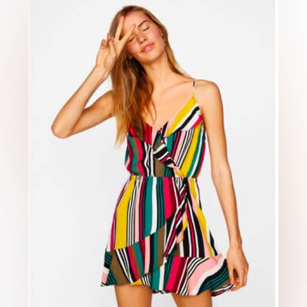 NWT!! Express Colorful striped ruffle dress w/ adjustable straps